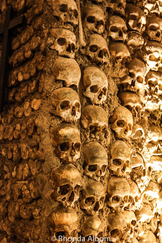 Column of skulls in the Chapel of Bones in Evora, Portugal