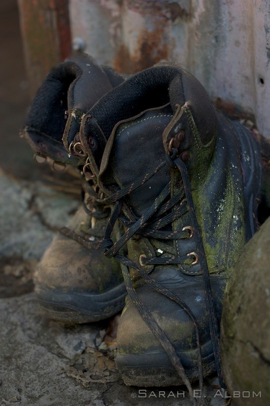 Dirty hiking boots at the Wellington Zoo in Wellington, New Zealand. Copyright Sarah E. Albom 2015; for more New Zealand photos, visit the blog