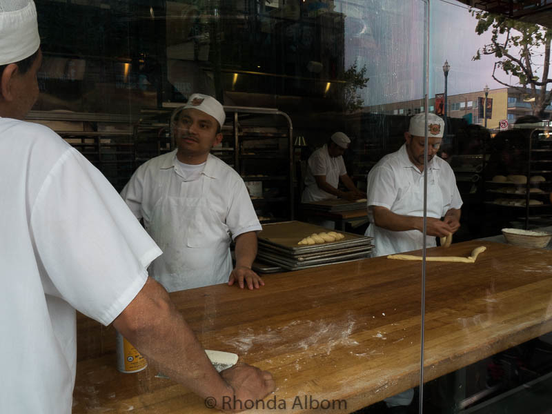 A large window lets passerybs watch the making of San Francisco's sourdough bread at Boudin Bakery