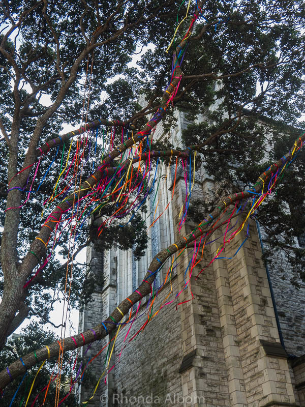 Colourful ribbons and bells are one of the temporary exhibits in Auckland Artweek, New Zealand