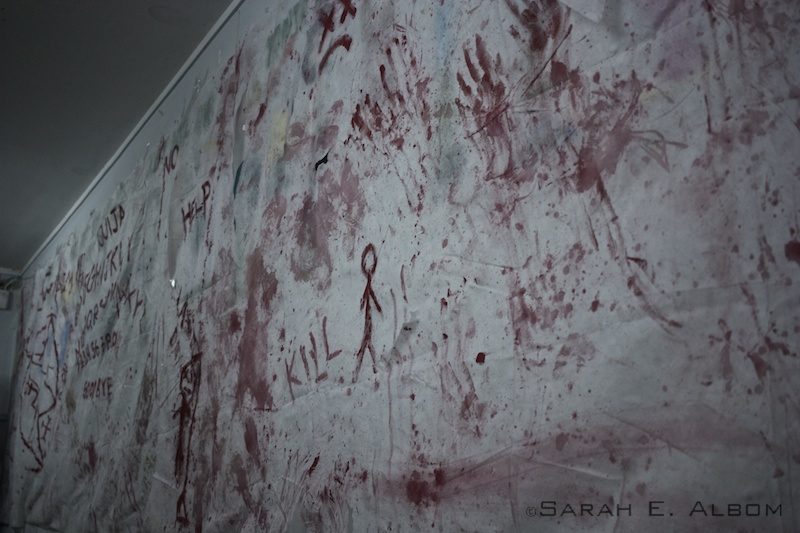 Classroom wall on dress-up day. Their theme was horror movies. Taken in Santa Fe, Argentina. Photo copyright ©Sarah Albom 2016