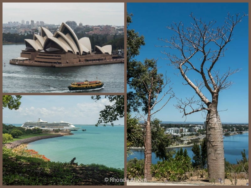 We sailed from Sydney to Perth over the top of Australia on Royal Caribbean. Photos: Sydney Opera House, Perth Botanic Gardens, and our ship in Darwin.