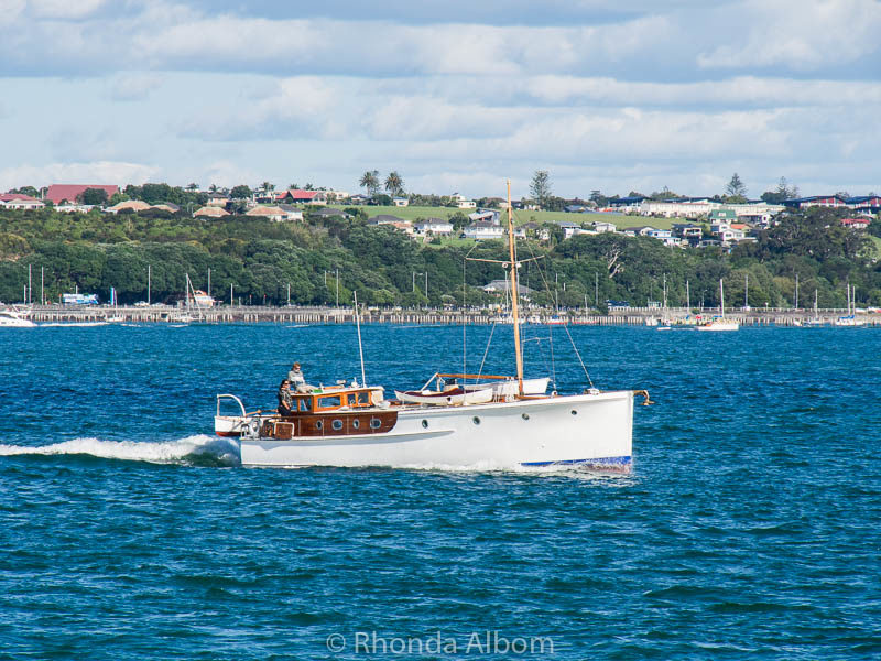 An old wooden boat seen from Devonport Wharf in Auckland New Zealand