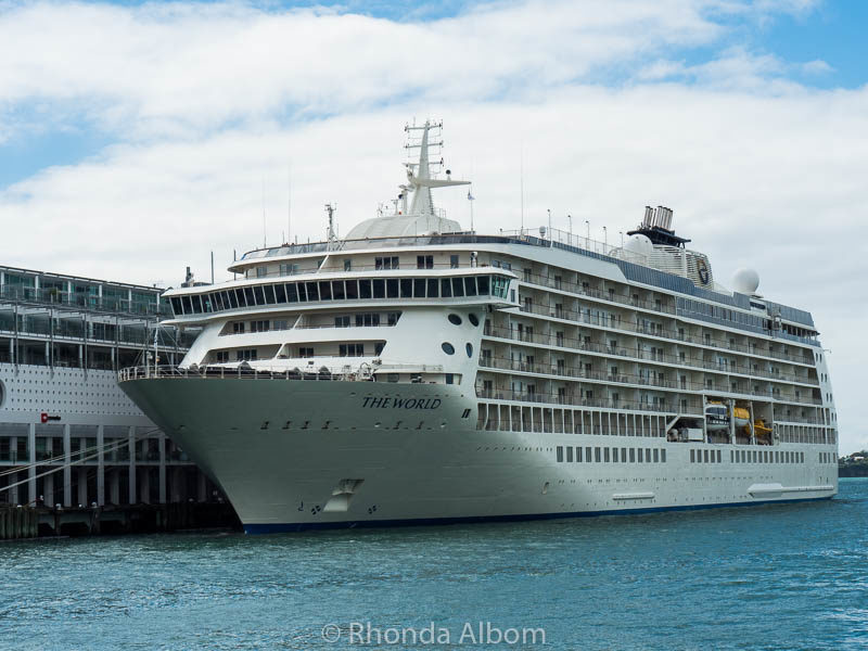 The World docked in Auckland New Zealand. It is the largest private residential yacht on earth.