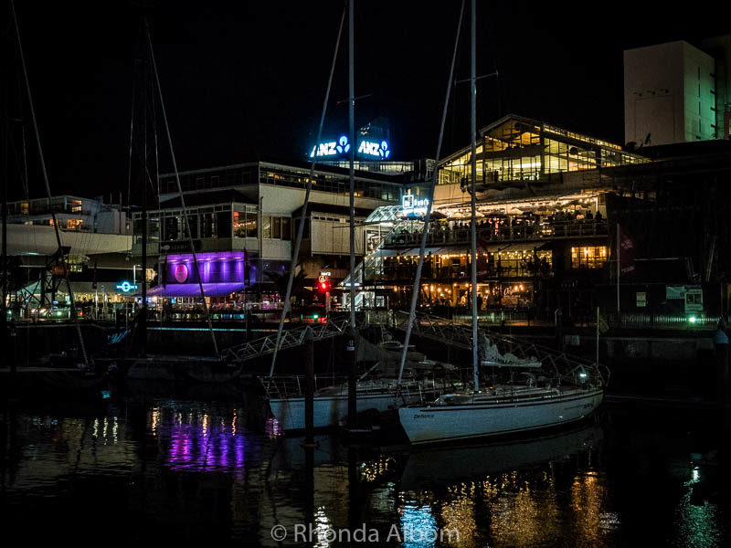 Viaduct Harbour on a rainy night in Auckland New Zealand