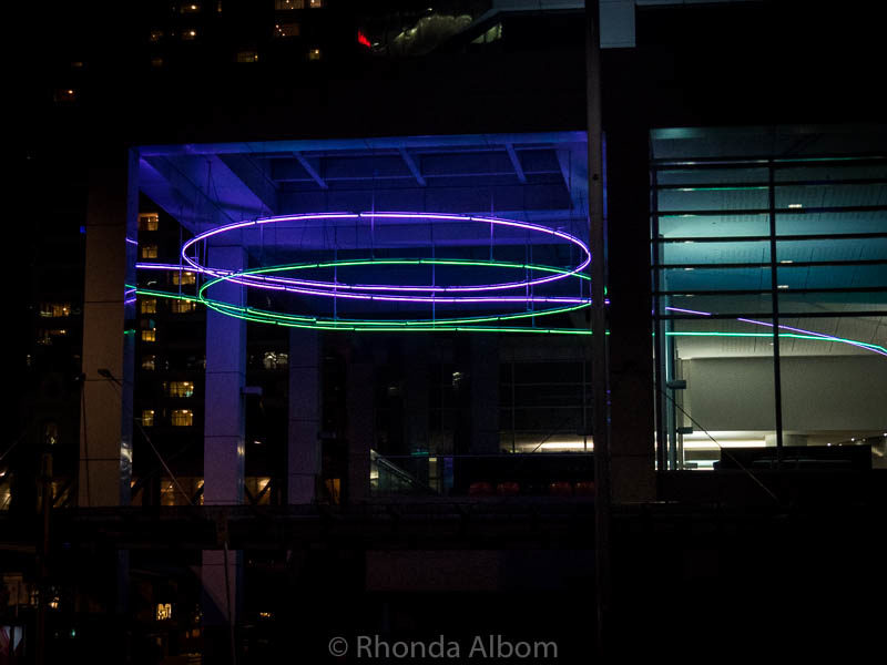 Decor lit up at night at the PWC building on Quay Street in Auckland New Zealand