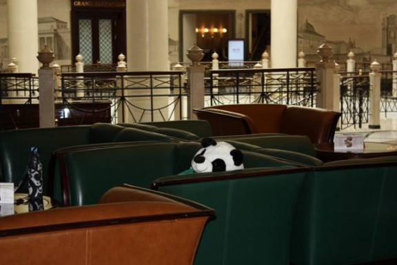 Panda hat and resting in the lobby in Moscow, Russia bring a sense of humor