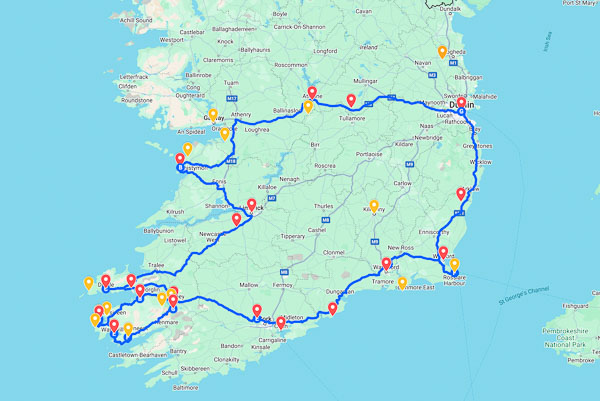 Irish road trip from Dublin map
