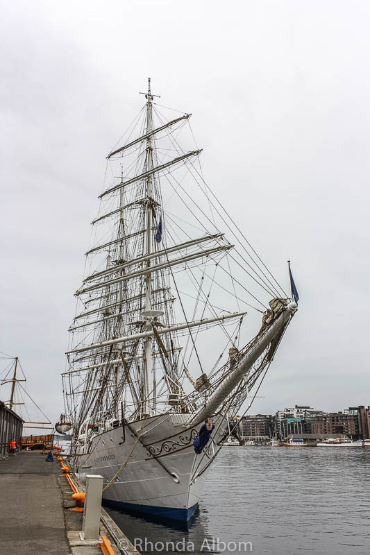 A tall ship docked in the harbour in Oslo Norway