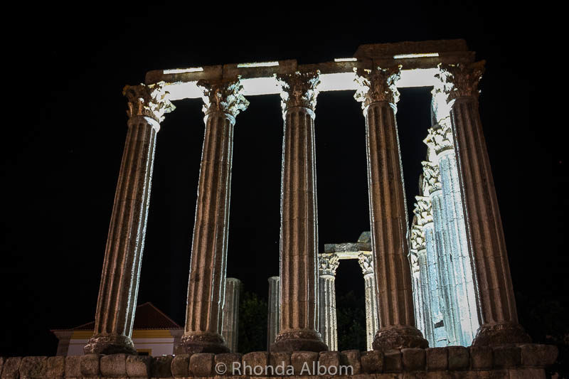 Roman Temple Diana at night in Evora, Portugal
