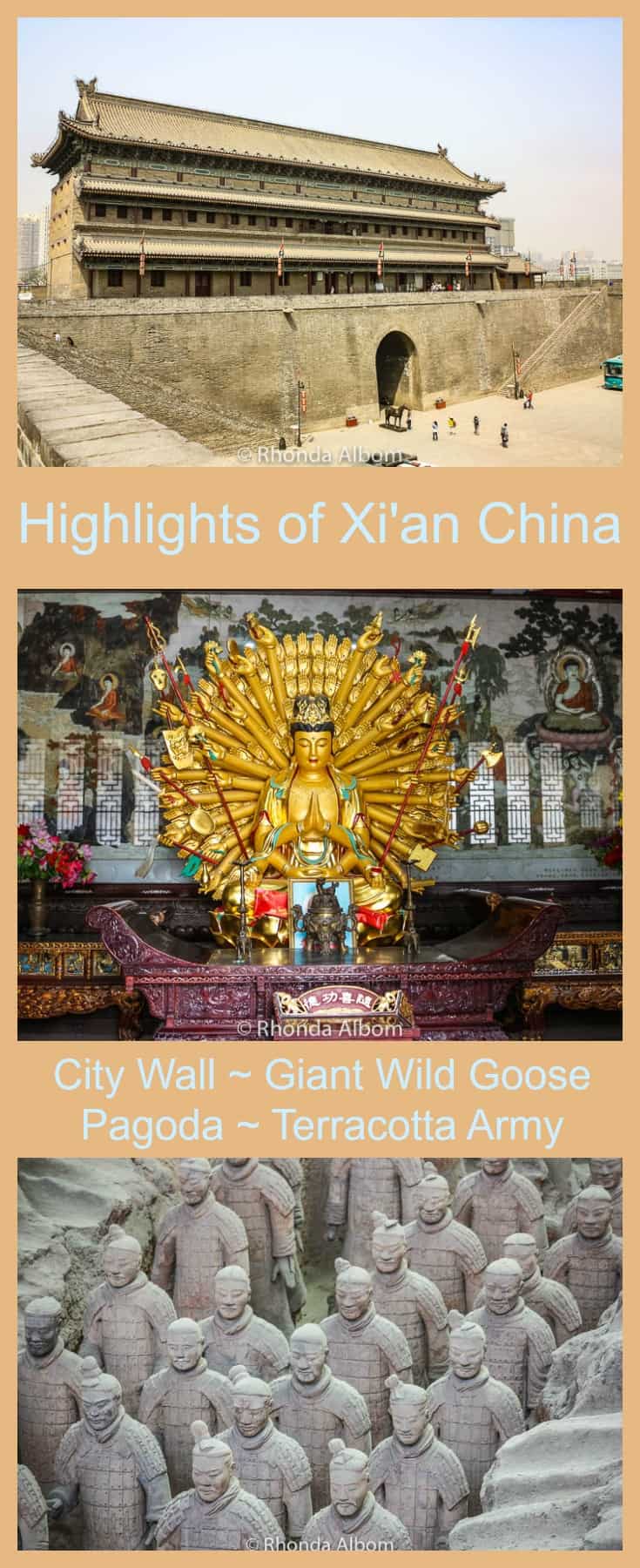 Highlights of Xian China include the City Wall, the Giant Wild Goose Pagoda and temple, and the army of the terracotta warriors. Read the article to see more images.