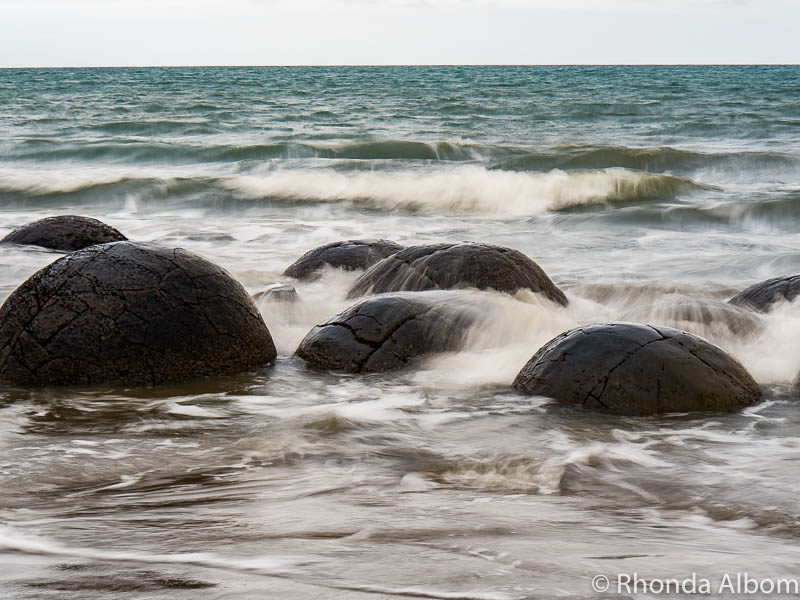 Moeraki Boulders at high tide on the South Island of New Zealand