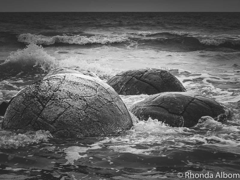Moeraki Boulders - Legend or Science: Let's Solve this NZ Mystery 7 Moeraki Boulders in black and white on the South Island of New Zealand