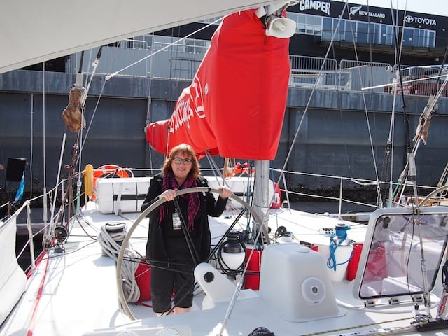 Staning at the helm of Steinlager 2, winner of 1989/90 Whitbread Around the World Race