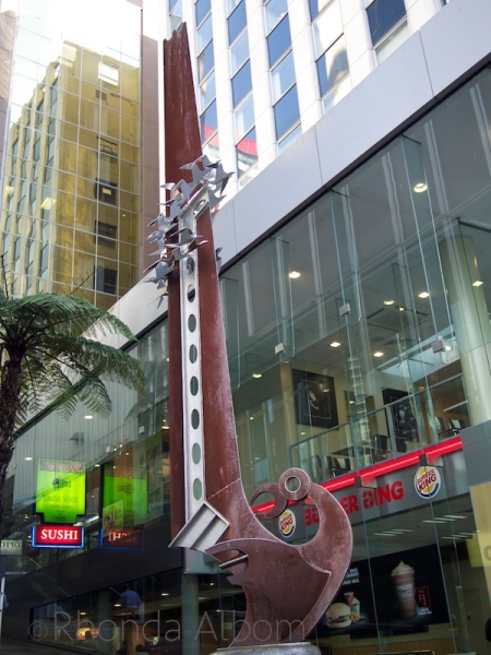 Giant fish hook sculpture on Queen Street in Auckland New Zealand