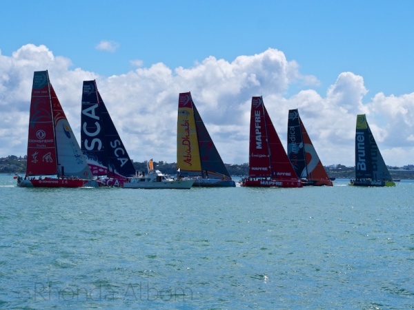 Crossing the start line at the Pro-Am during the New Zealand stop over of the Volvo Ocean Race.