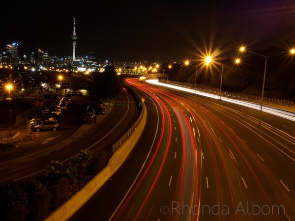 City lights of Auckland from a motorway overpass, New Zealand