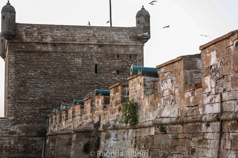 Cannons on the old guard tower in Seagull in Essaouira Morocco