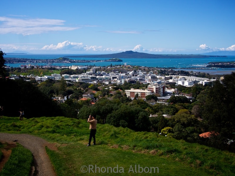 View north including Rangitoto Island (a dormant volcano) from the rim of the extinct Mount Eden Volcano, Auckland New Zealand