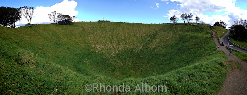 Mount Eden Volcano: Auckland's best hike for city and crater views 16 Panoramic shot of the 50 metre crater of the extinct Mount Eden Volcano, Auckland New Zealand.