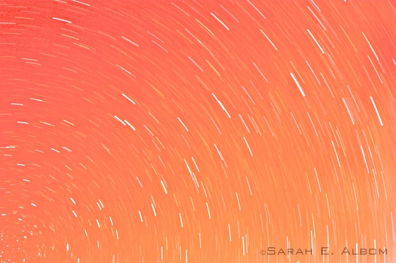 Star trail from the southern hemisphere, taken in New Zealand. The orange effect is from being photographed under artificial light. Copyright Sarah E. Albom 2014; for more photos of the night sky, visit Albom Adventures