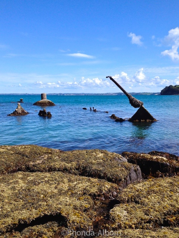Sunken ship at the entrance to Okoromai Bay, seen here at low tide. This shot on my iPhone. (2015 photos)