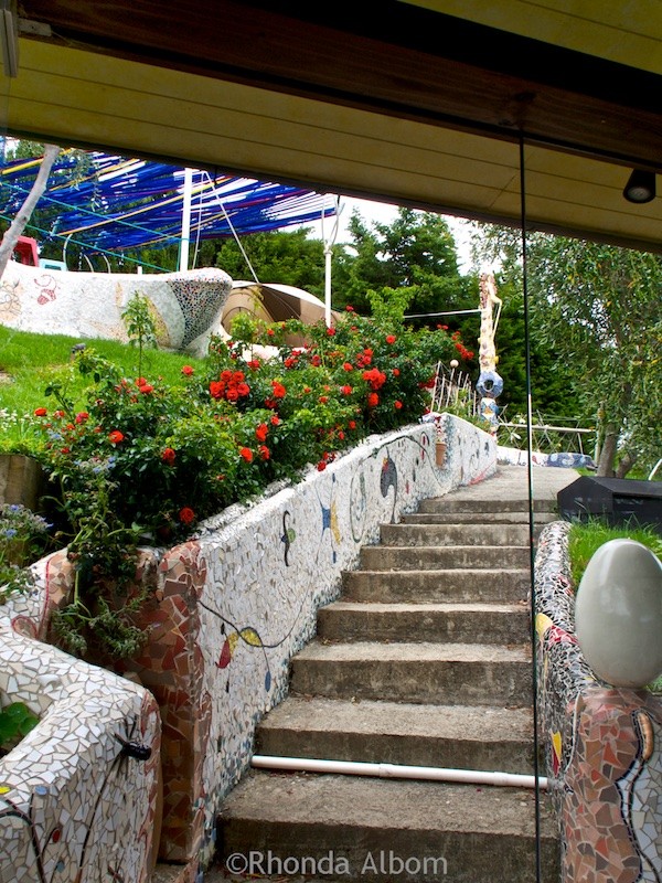 Mosaic tiled steps leading to the wine tasting area at Miro Vineyards on Waiheke Island outside of Auckland New Zealand