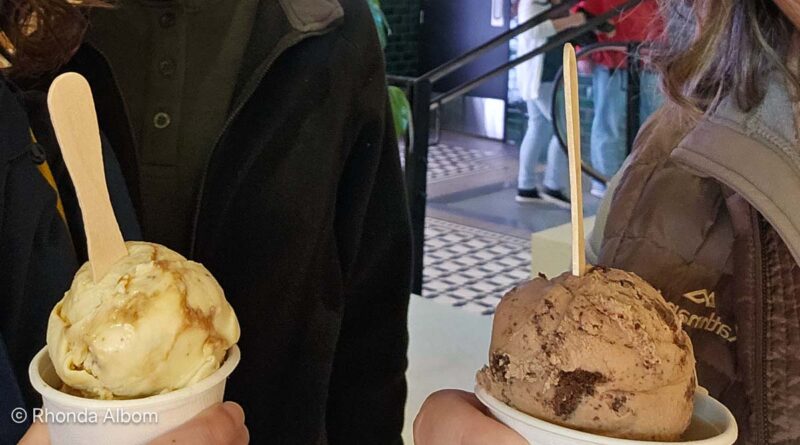 Our two servings of gluten-free ice cream at Duck Island Ice Cream in Wellington. The chocolate option is also dairy-free.