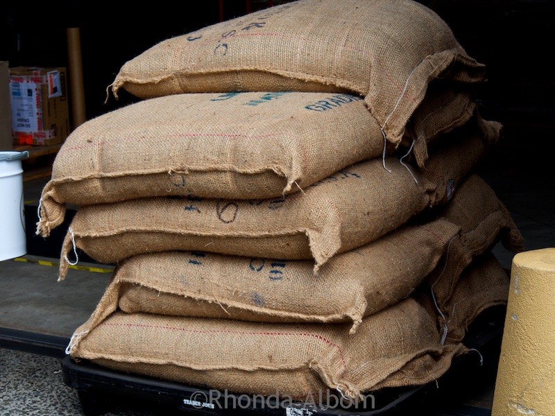 Coffee Roasting in Wellington: Behind the Scenes at Mojo 2 Sacks of green beans at Mojo Roastery in Wellington New Zealand