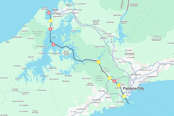 Map of our transit through the Panama Canal on our cruise