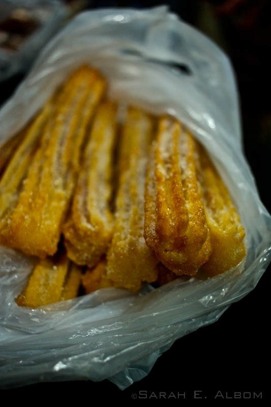 A bag of churros. My favourite type of churro now is with dulce de leche, which is sort of like caramelised condensed milk.