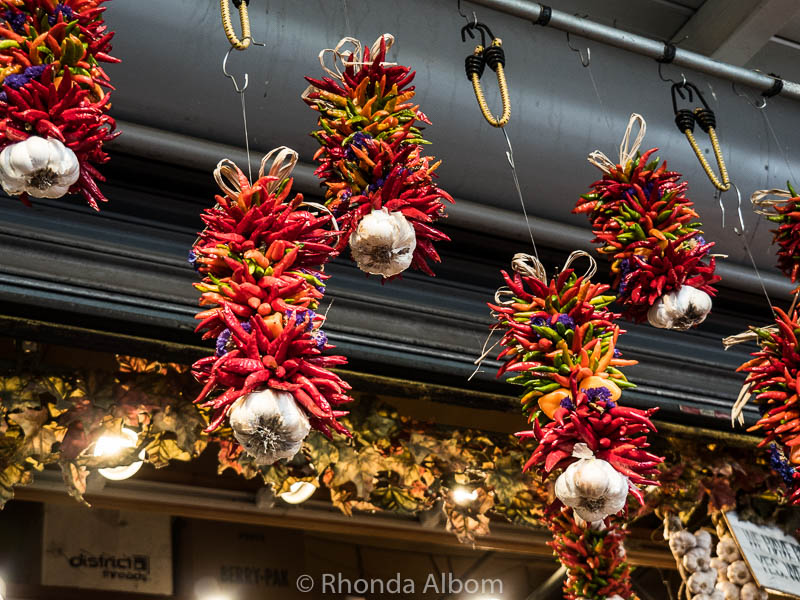 Chili pepper and garlic ristras at Pike Place Market in Seattle
