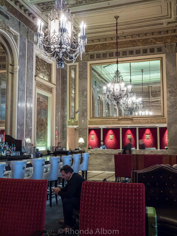 Lobby bar and reception at the Sir Francis Drake Hotel in San Francisco California