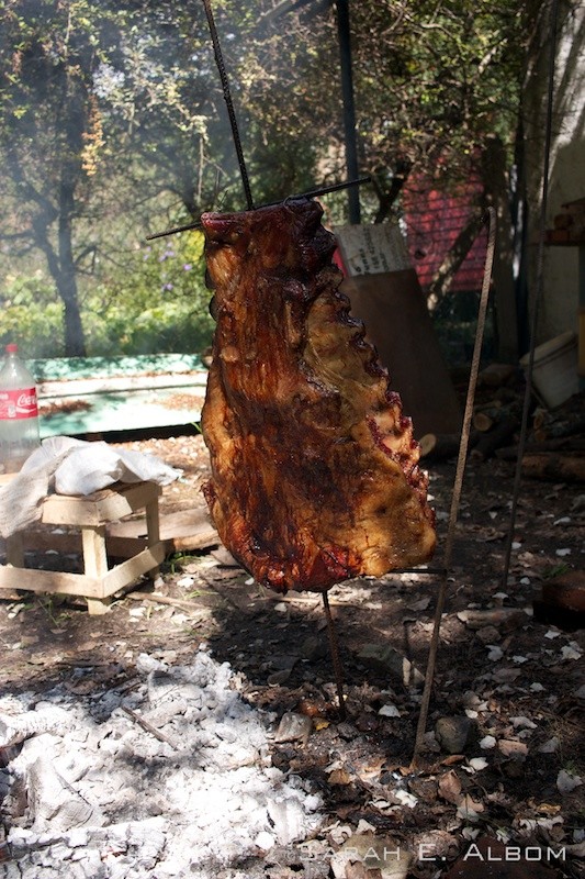 Traditional Asado with meat hanging on metal crosses in Rosario Argentina. Photo copyright ©Sarah Albom 2016