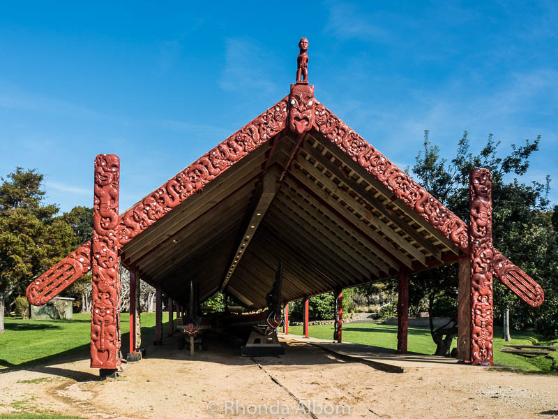 Intricately carved waka house, where the Maori war canoes are stored at the Waitangi Treaty Grounds.