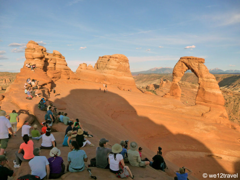 Travel Bloggers Explore Utah: Home to Five USA National Parks 6 Waiting for sunset at Delicate Arch at Arches National Park in Utah. Photo by Antonette Spaan