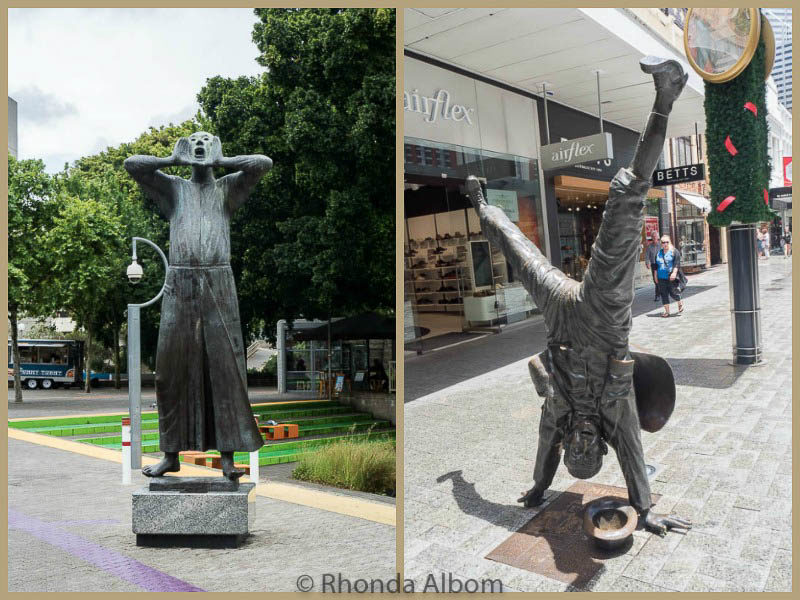 Two of many bronze statues in Perth: 1) "Der Rufer (The Caller)" 1967 was inspired when he was standing beside a man who called across a river to attract the ferry man on the other side. and 2) "Urban Reflections: Percy in the Mirror" is honour of a street performer in the 1930-40'S.