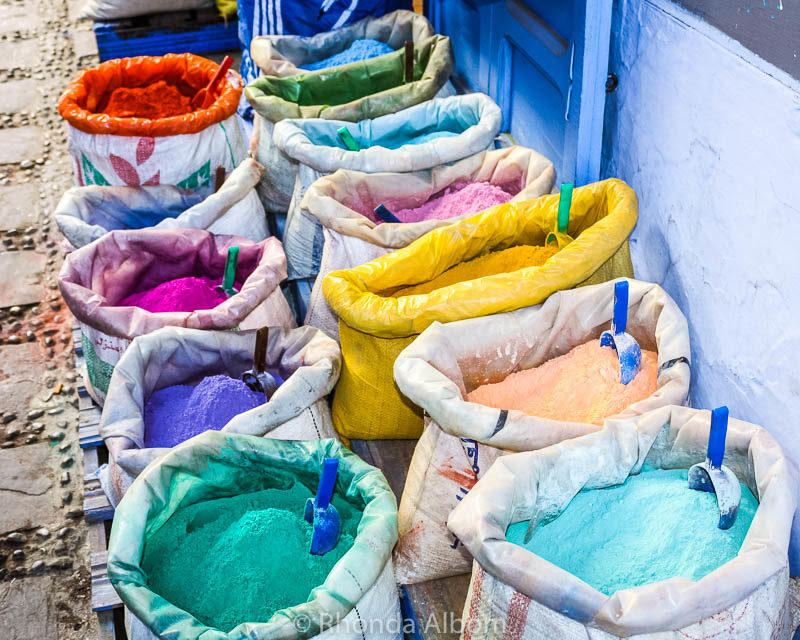 Paint pigment for sale in Chefchaouen Morocco: blue for the exterior, colours for the interior.