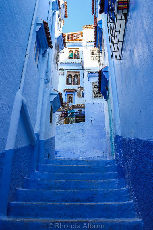 Stairs leading to Riad Dar LBakal in Chefchaouen, the Blue City in Morocco.