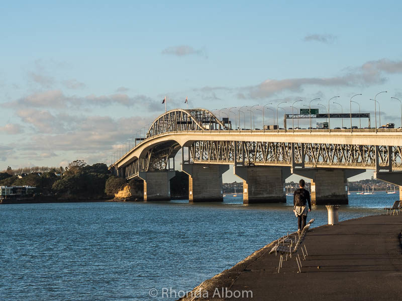 Auckland Harbour Bridge seen from Curran Street, on the west side of the bridge.