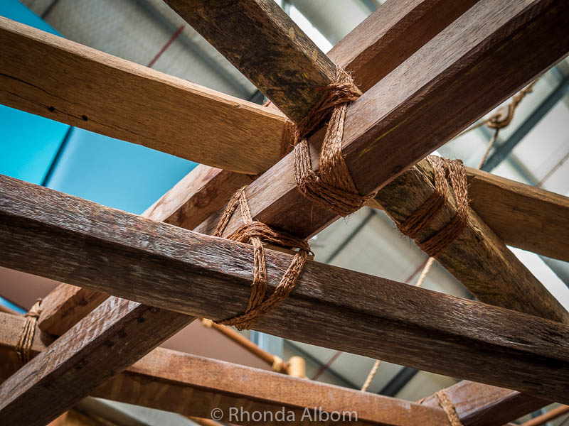 Polynesian Outrigger Canoes Close Up: In the Museum and on the Water 11 A section of Taratai, a traditionally built 76 foot baurua voyaging canoe from the Kiribati Atolls.