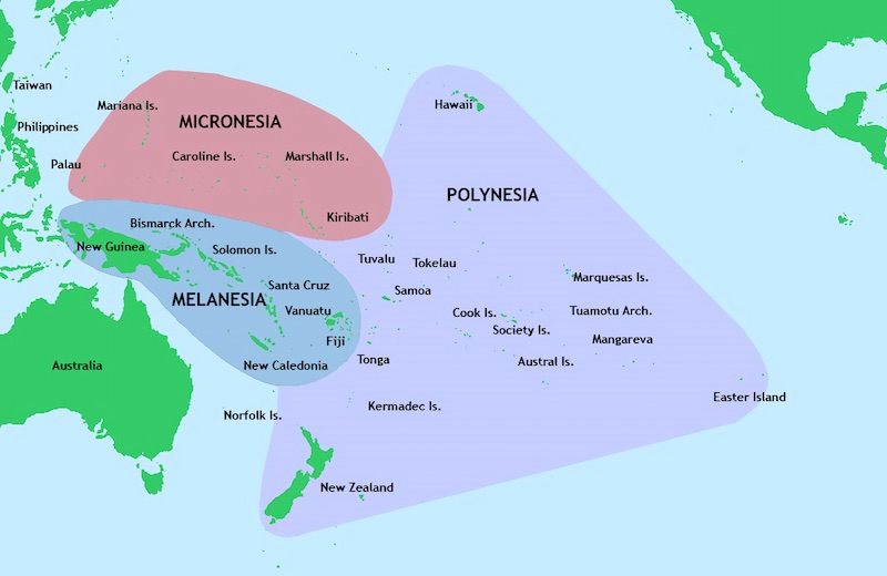 Map of Polynesia and the outlier counties from Hawaii to New Zealand to Easter Island