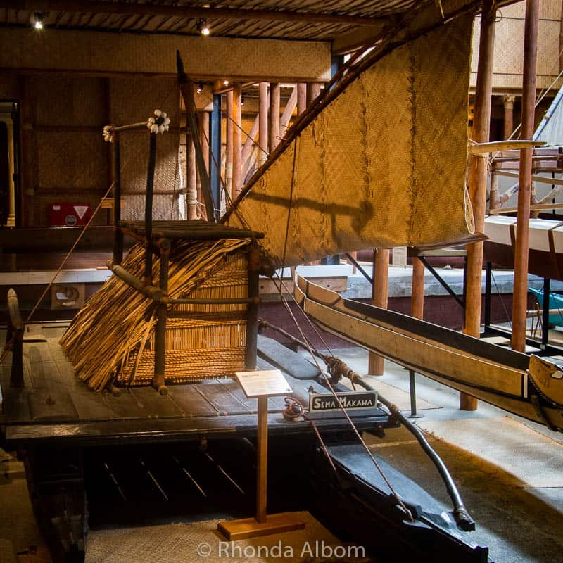 Double hulled voyage canoes at the Auckland Maritime Museum