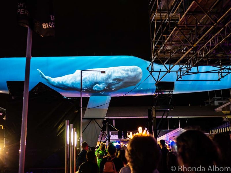 A whale projected on a hull in Auckland New Zealand