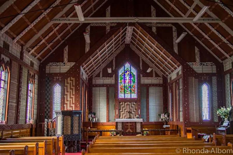 Maori decor inside St. Mary's Church in Tikitiki New Zealand