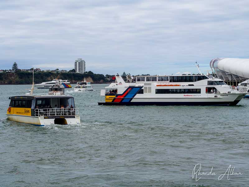 Several ferries either coming in or going out at the Auckland ferry terminal