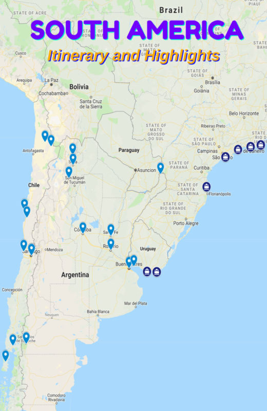 Our South America Itinerary: Highlights of Argentina, Chile and Uruguay 26 Our nine-week South America Itinerary took us to Argentina, Brazil, Chile, Uruguay and Paraguay. We explored mountains, deserts, glaciers, beaches and cities as we hit the highlights and went off the beaten path