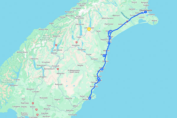 Dunedin to Christchurch map