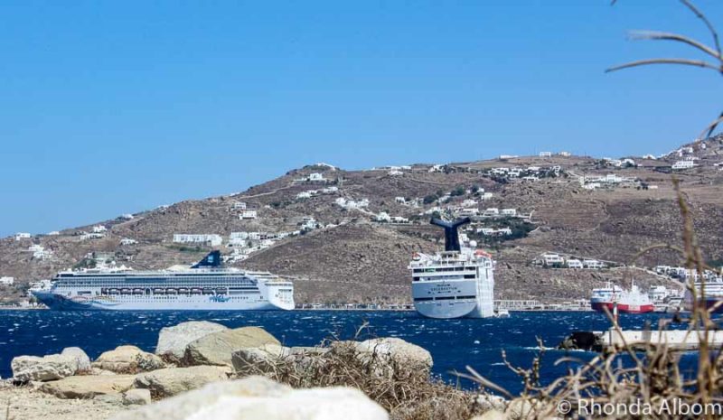 Four cruise ships in Mykonos Harbour, Greece