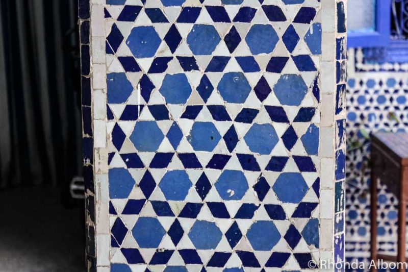 Hand laid blue and white tiles in the Jewish quarter Marrakech